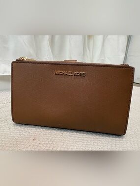 Michael Kors Brown Saffiano Leather Double Zip Wristlet Wallet -Holds Phone